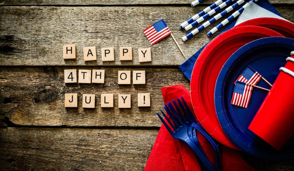 red, blue and white paper plates, forks, straws - 4th of July